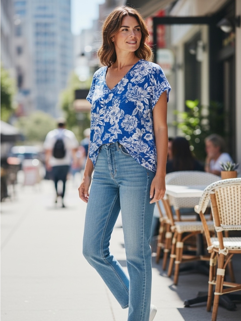 C&C California Blue Floral V-Neck Blouse L Coastal Linen